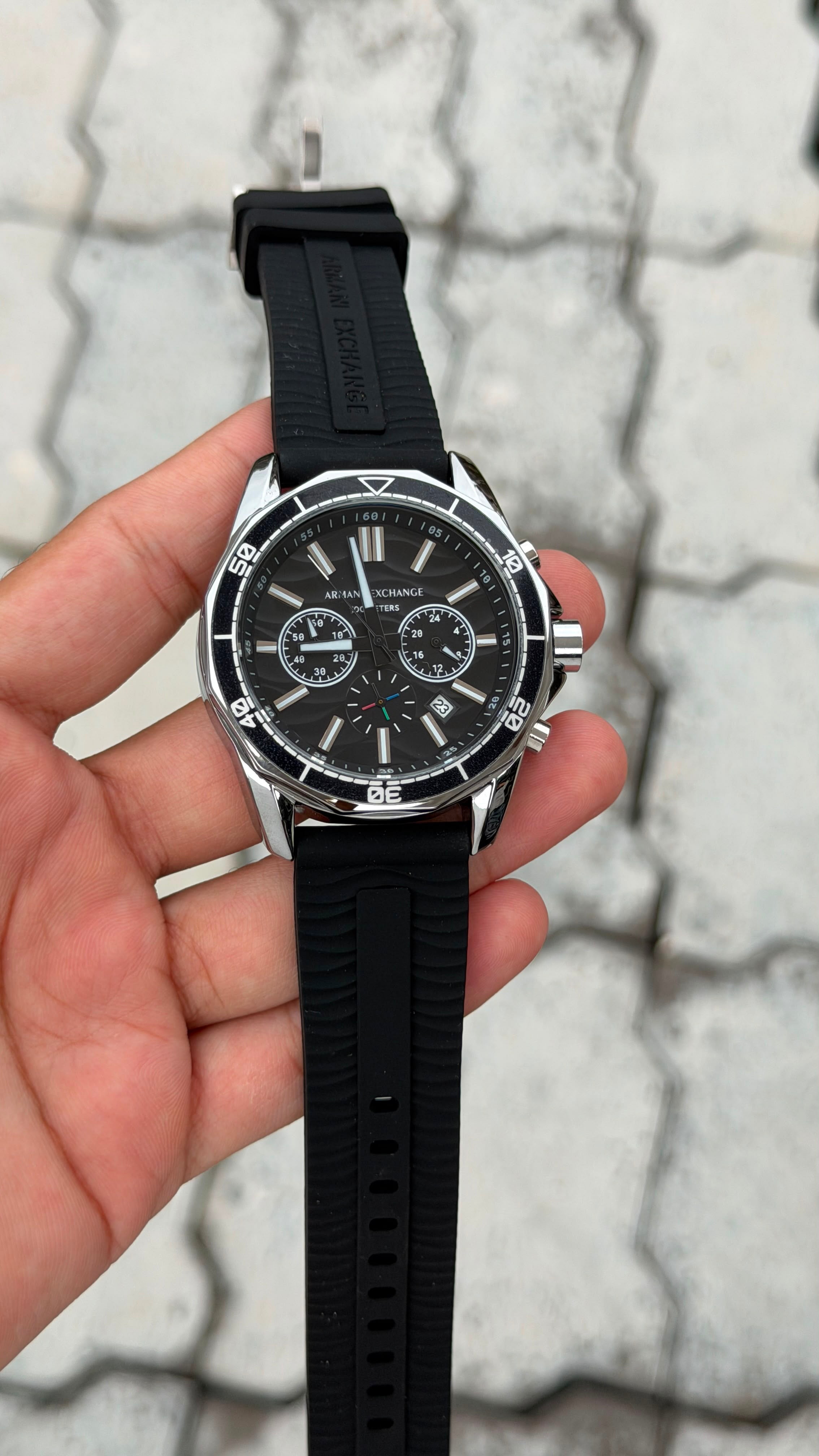 Armani Exchange Sport Chronograph Silver Tone Black Dial Black Strap Watch