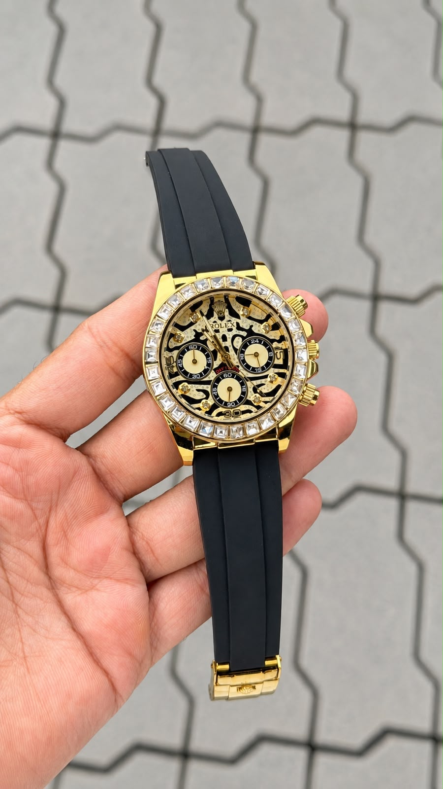 Rolex Daytona Chronograph Gold Tone Skeleton Dial Black Silicone Strap Watch