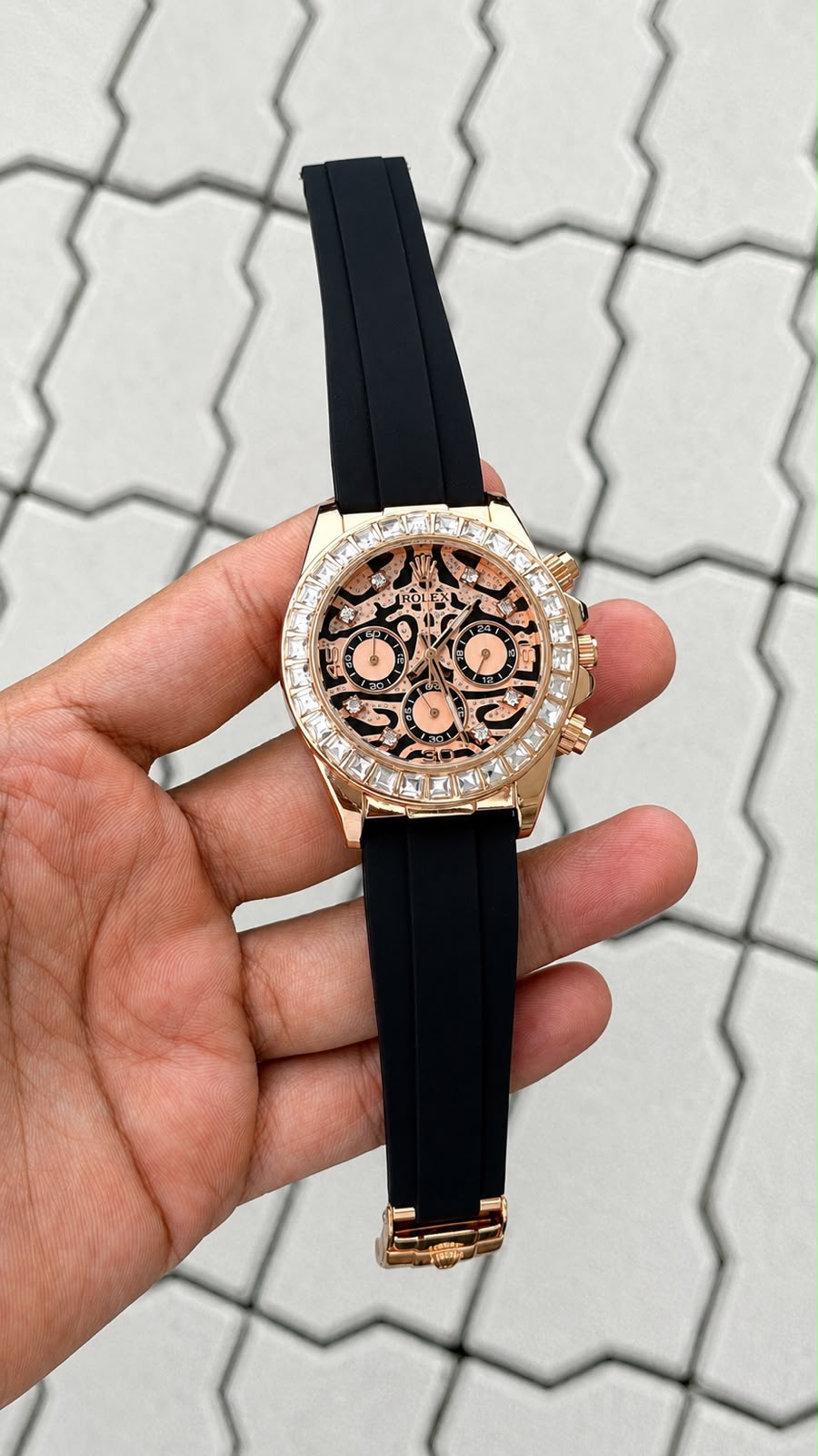 Rolex Daytona Chronograph Rose Gold Tone Skeleton Dial Black Silicone Strap Watch