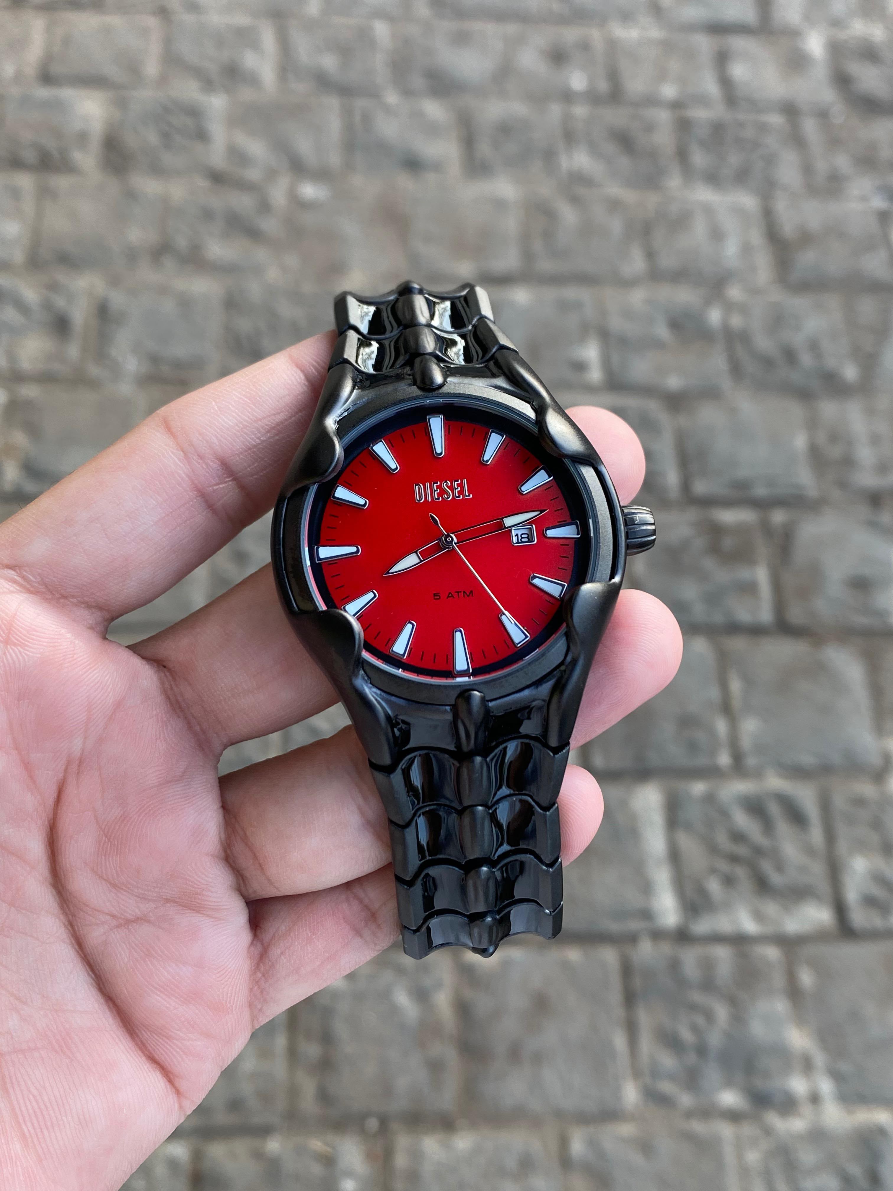Diesel Black Stainless Steel Red Dial Watch