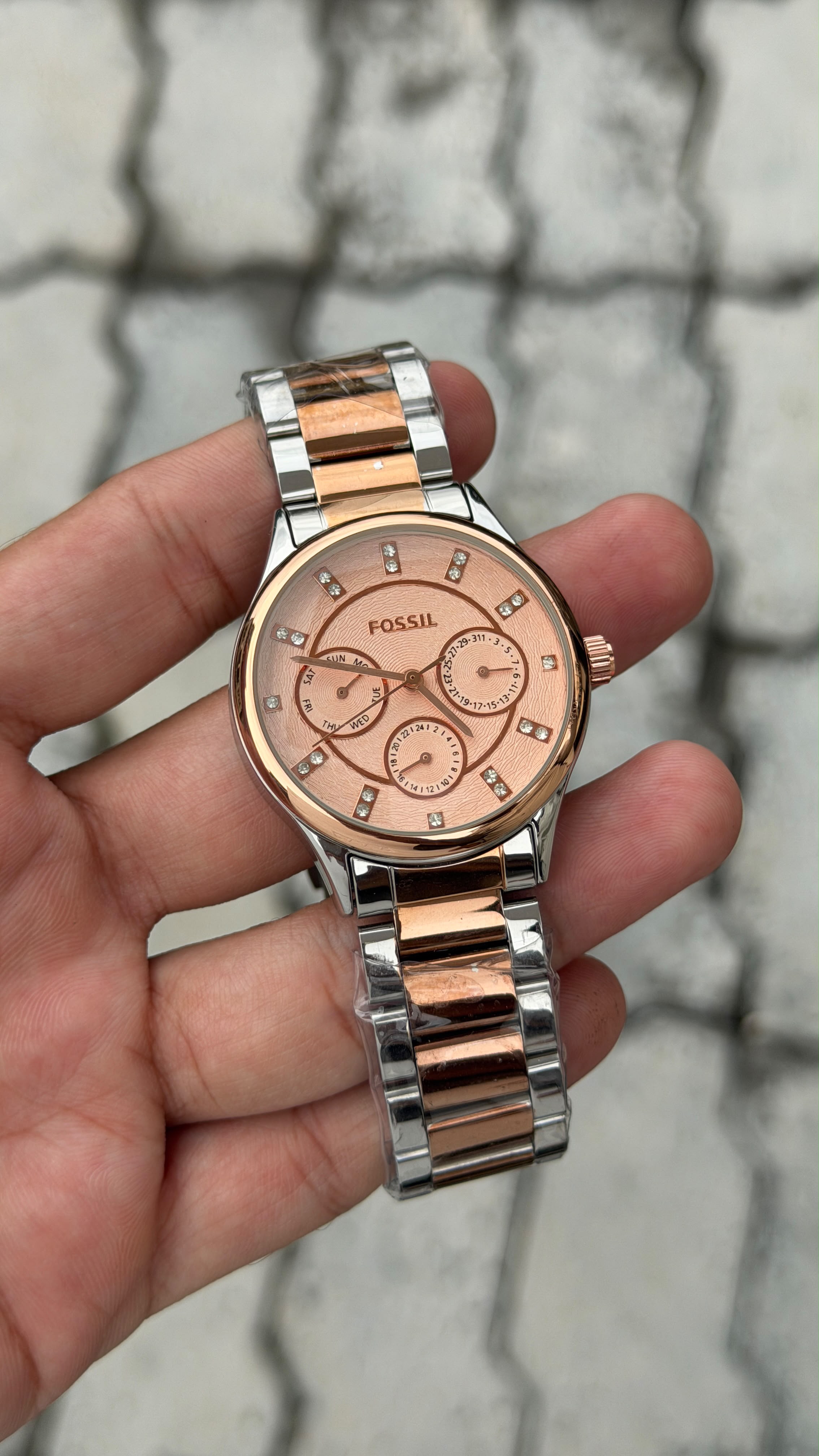 Fossil Rose Gold & Silver Stainless Steel Peach Pink Dial Watch