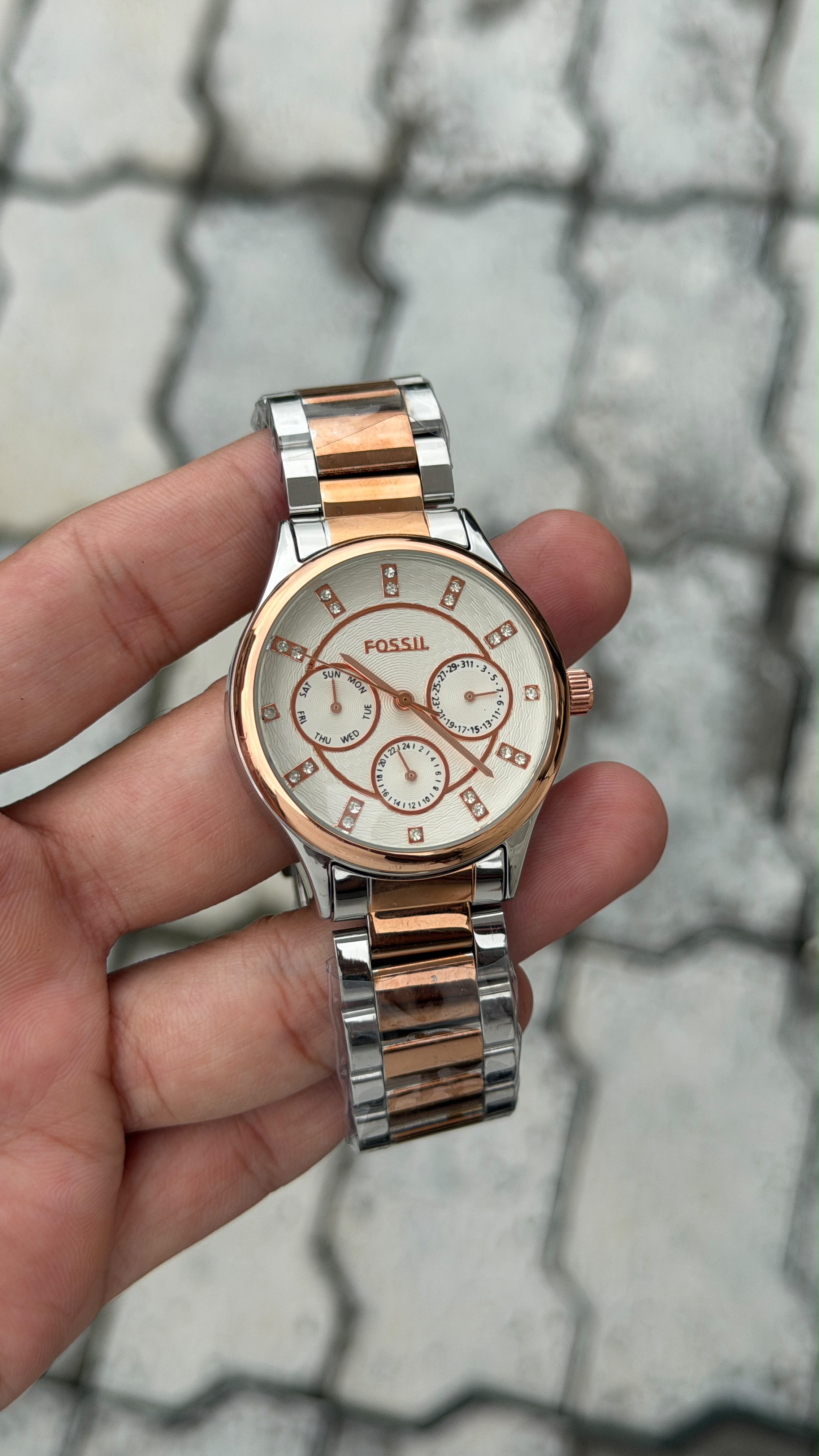 Fossil Rose Gold & Silver Stainless Steel White Dial Watch