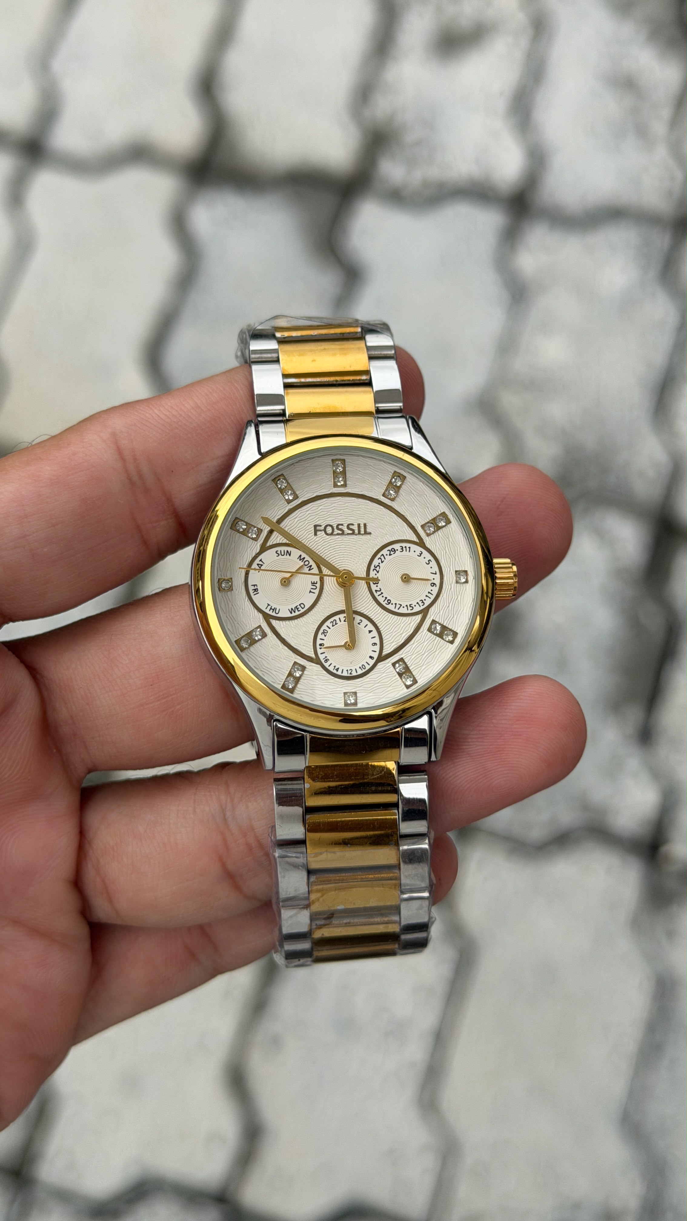 Fossil Gold & Silver Stainless Steel White Dial Watch