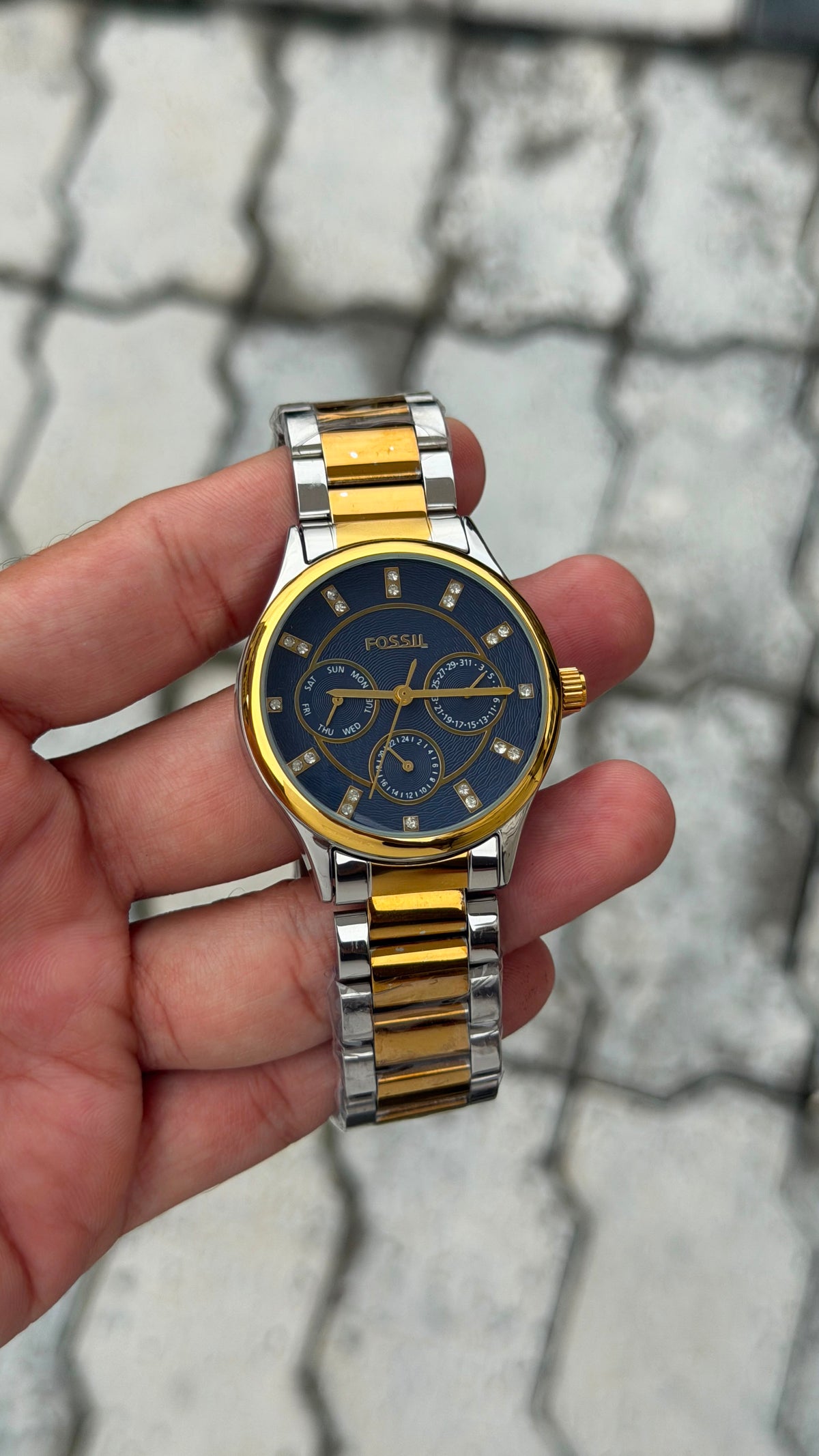 Fossil Gold & Silver Stainless Steel Navy Blue Dial Watch