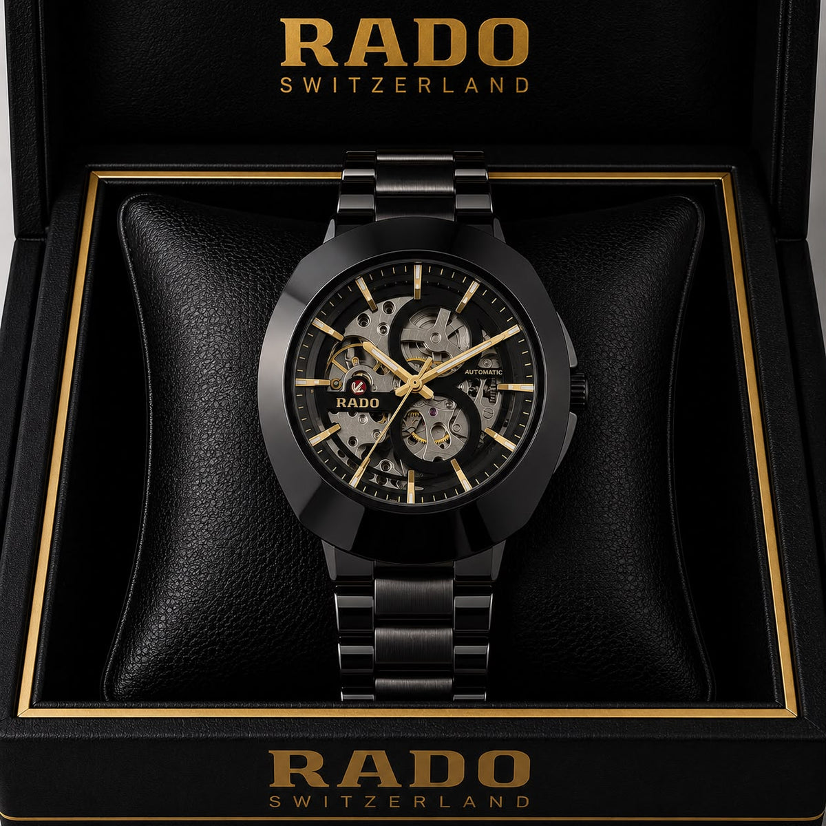Rado DiaStar Skeleton Full Black Gold Hands Men's Watch