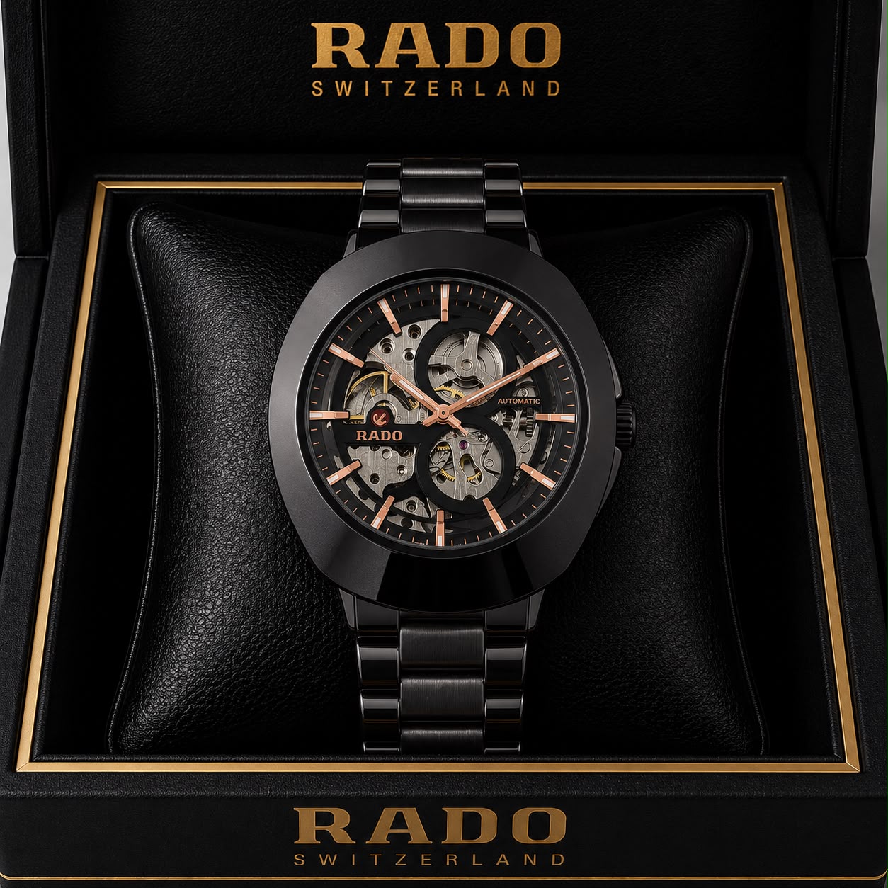 Rado DiaStar Skeleton Full Black Rose Gold Hands Men's Watch