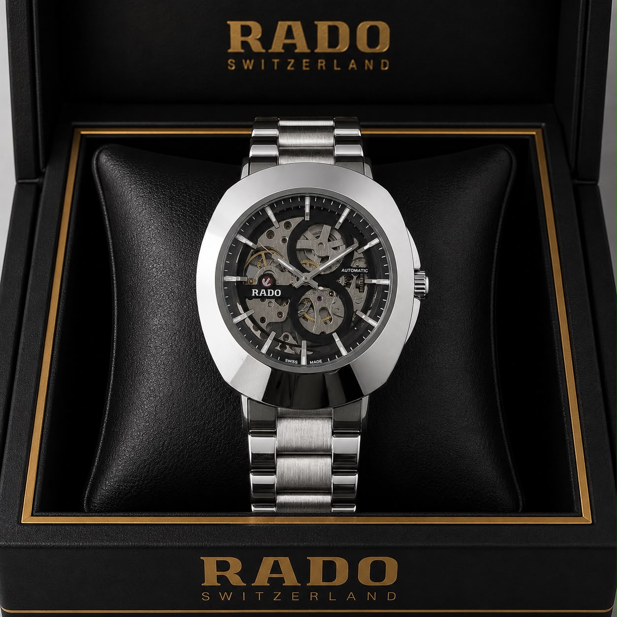 Rado DiaStar Skeleton Black Dial Silver Strap Men's Watch