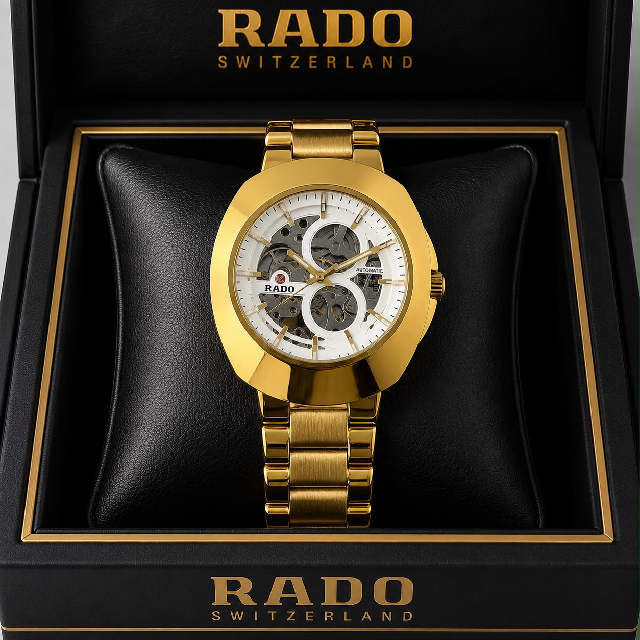Rado DiaStar Skeleton White Dial Gold Strap Men's Watch