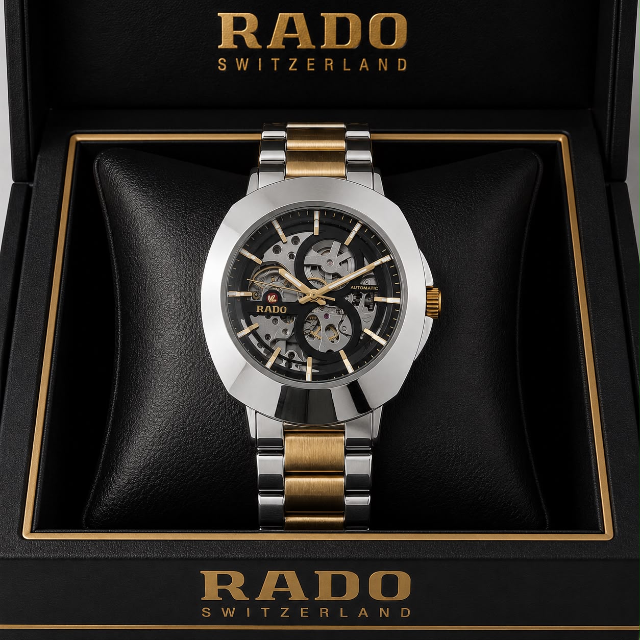 Rado DiaStar Skeleton Black Dial Gold And Silver Strap Men's Watch