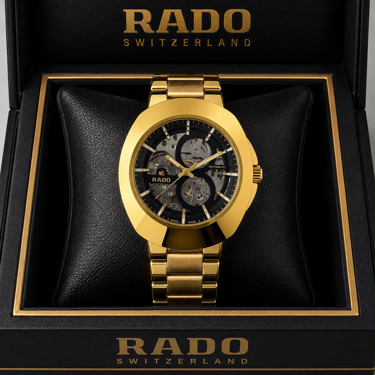 Rado DiaStar Skeleton Black Dial Gold Strap Men's Watch