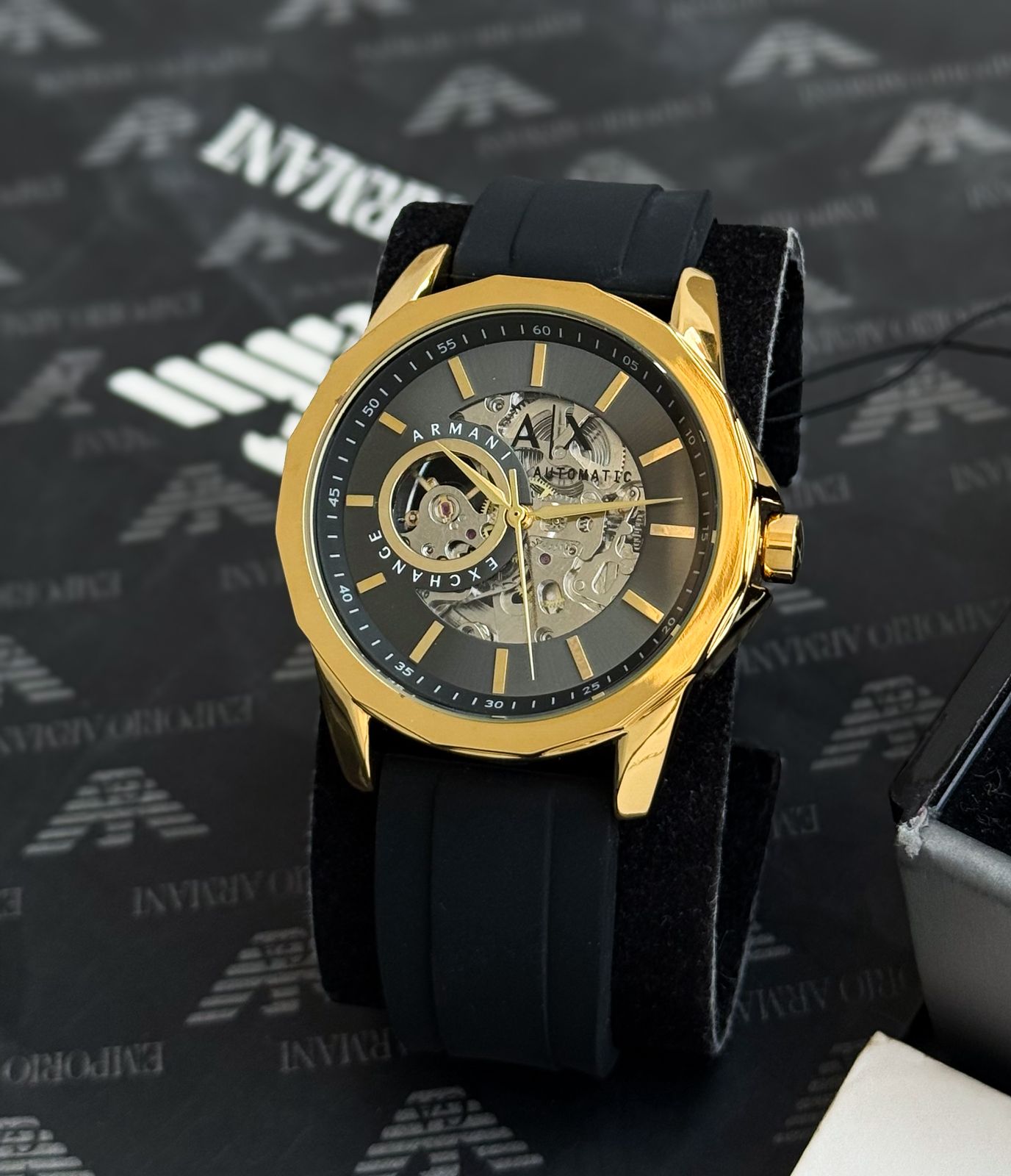 Armani Exchange Gold-Tone Skeleton Automatic Watch