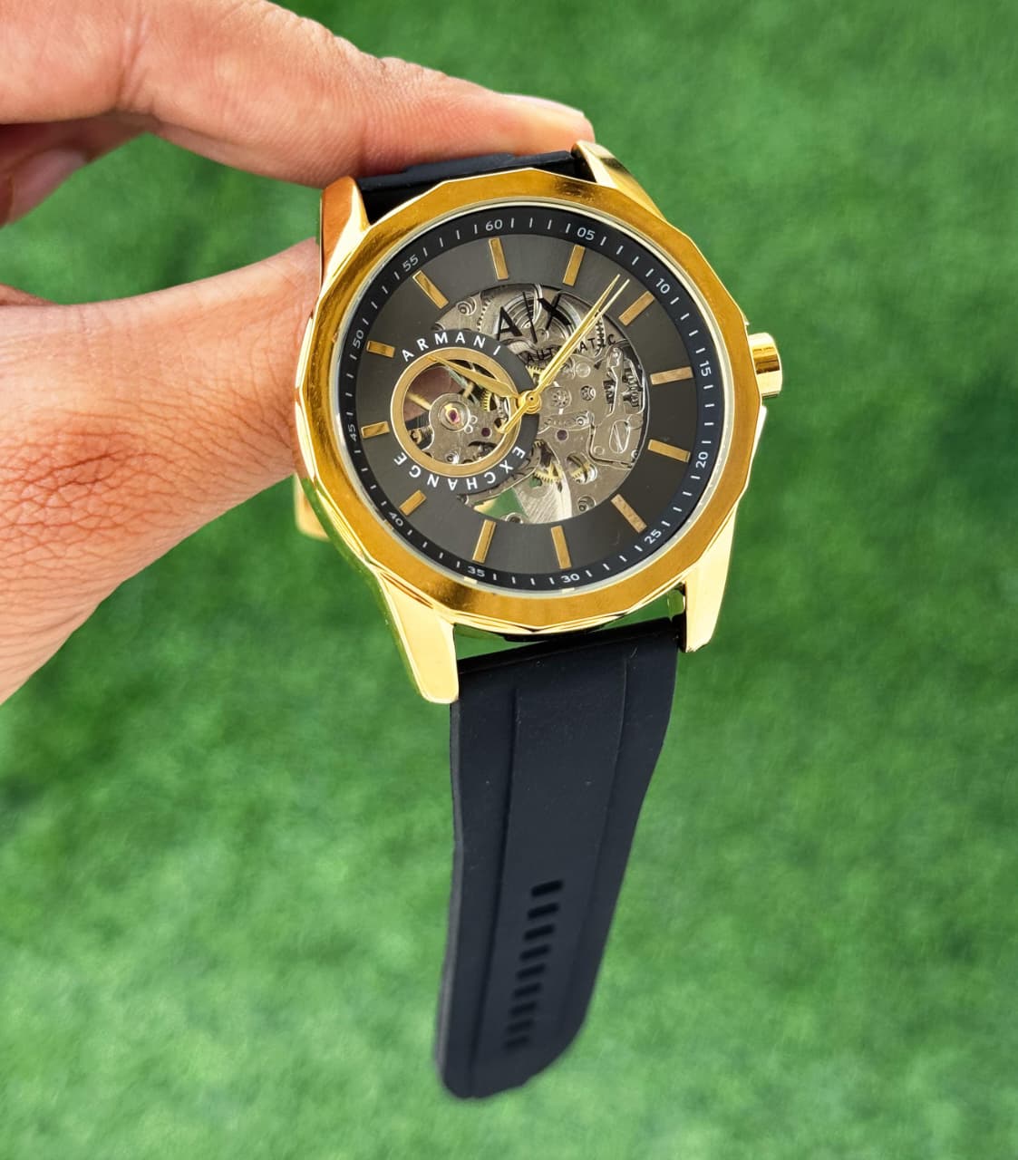 Armani Exchange Gold-Tone Skeleton Automatic Watch