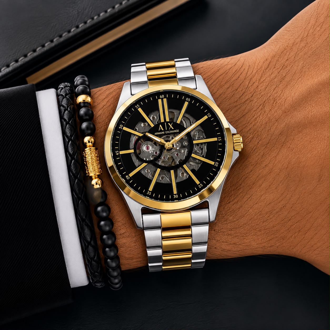 Armani Exchange Black & Gold Skeleton Automatic Watch