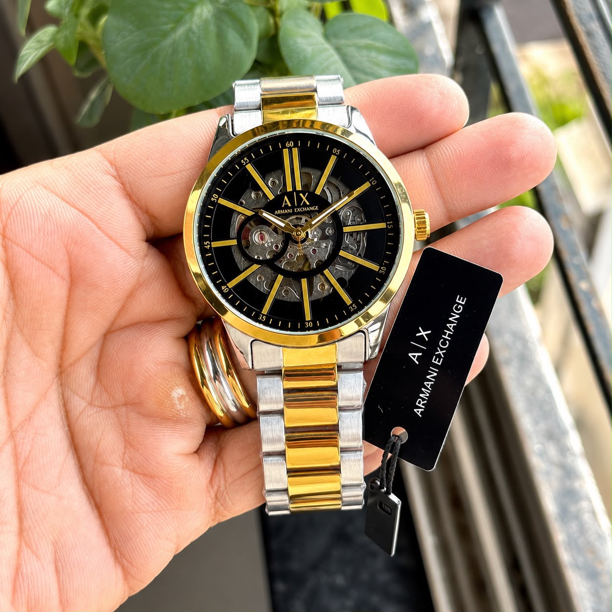 Armani Exchange Black & Gold Skeleton Automatic Watch