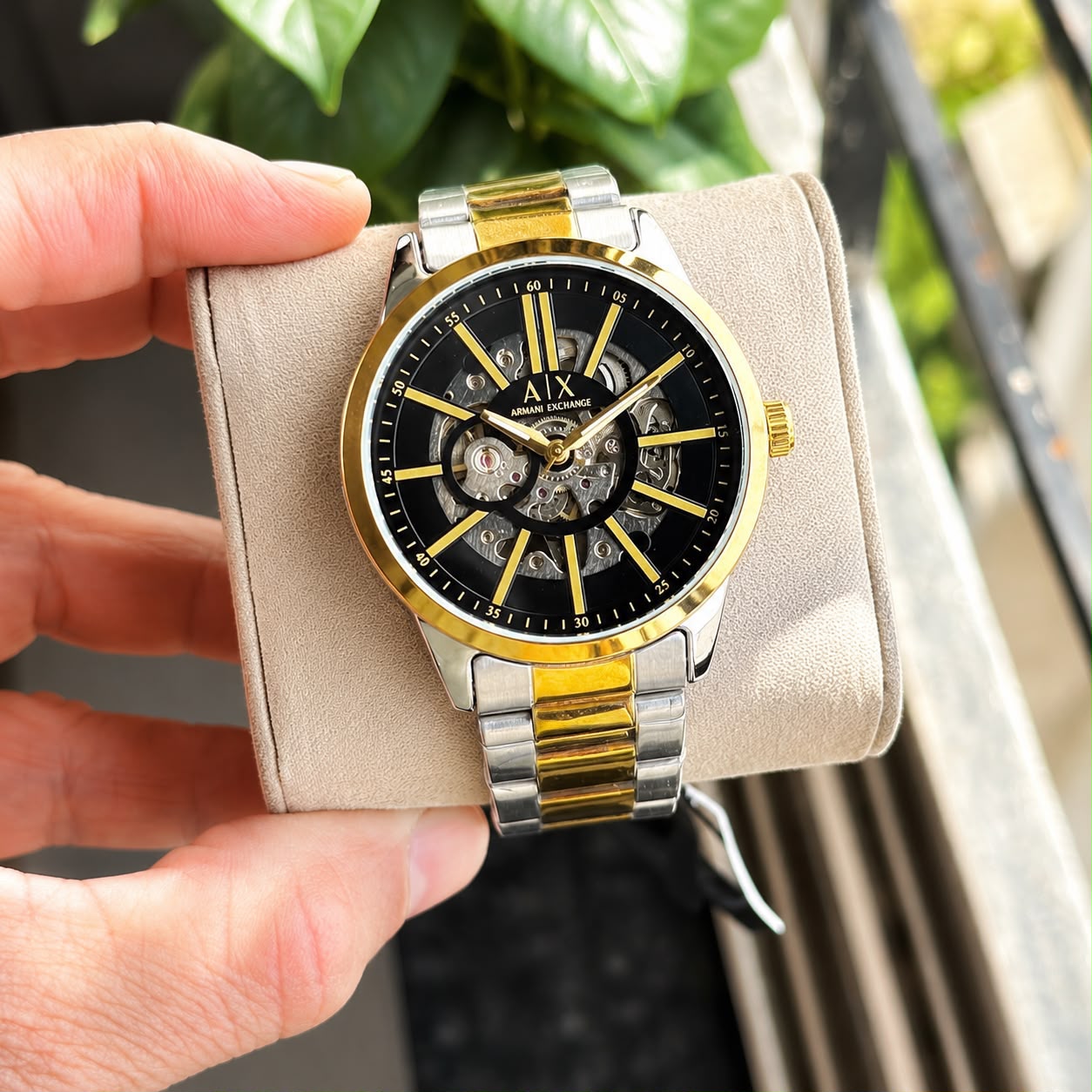 Armani Exchange Black & Gold Skeleton Automatic Watch