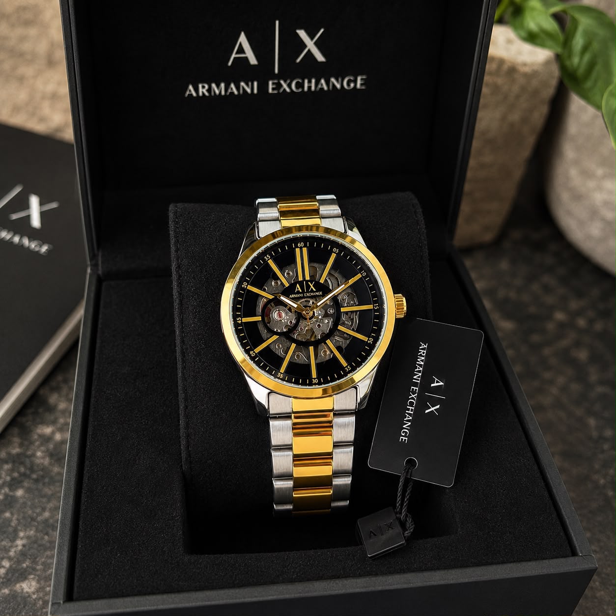 Armani Exchange Black & Gold Skeleton Automatic Watch