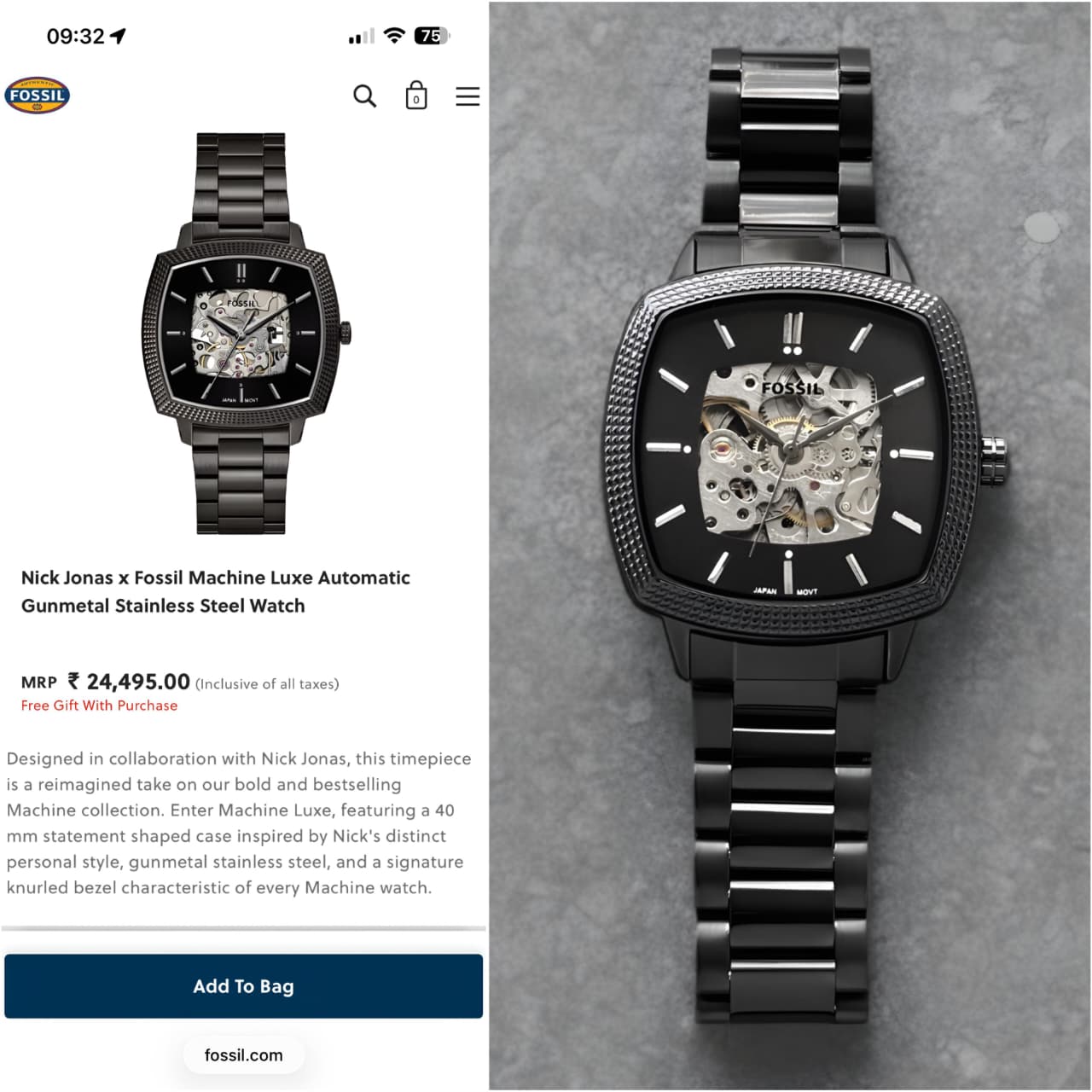 Fossil Black Square Dial Skeleton Automatic Watch