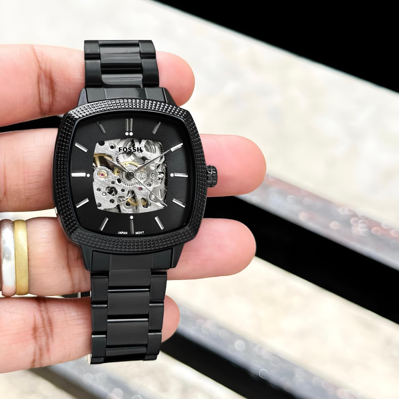 Fossil Black Square Dial Skeleton Automatic Watch