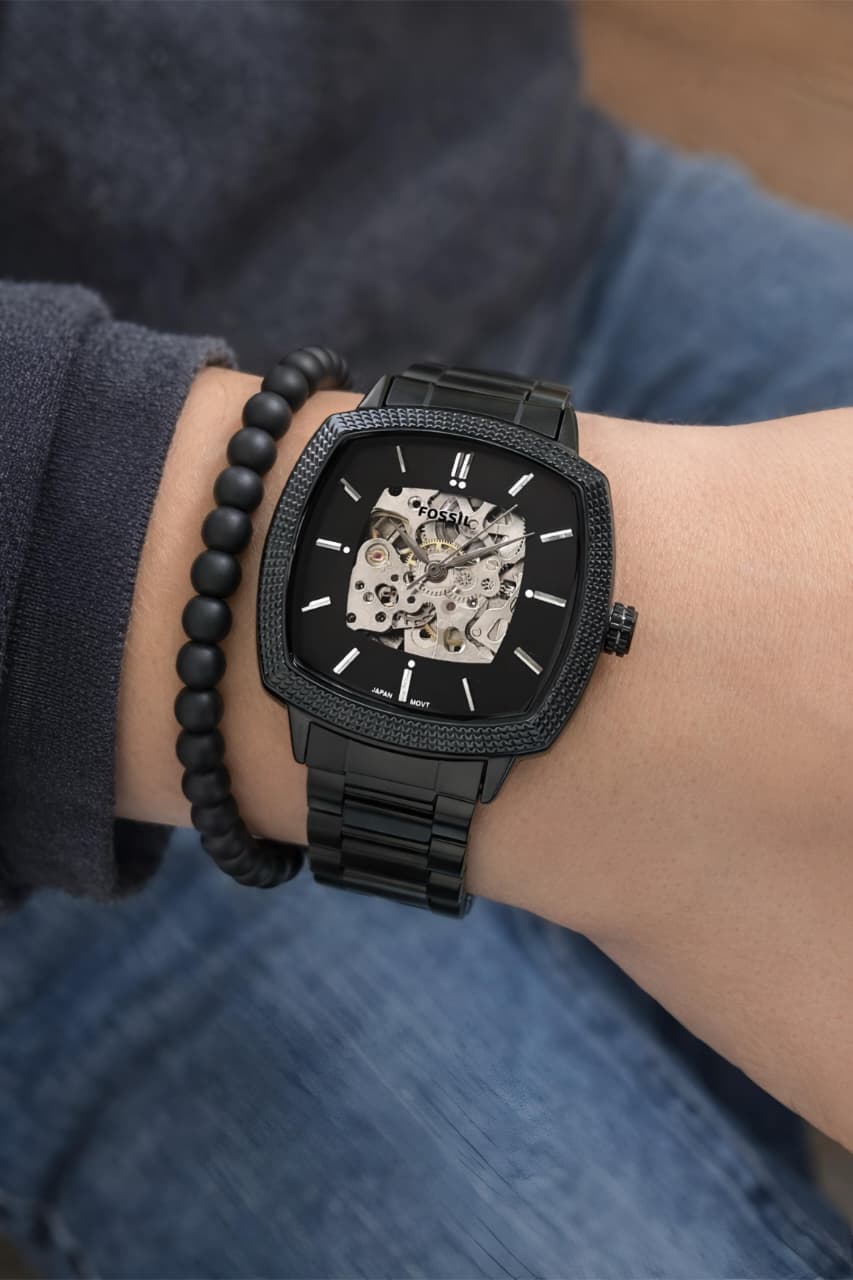 Fossil Black Square Dial Skeleton Automatic Watch
