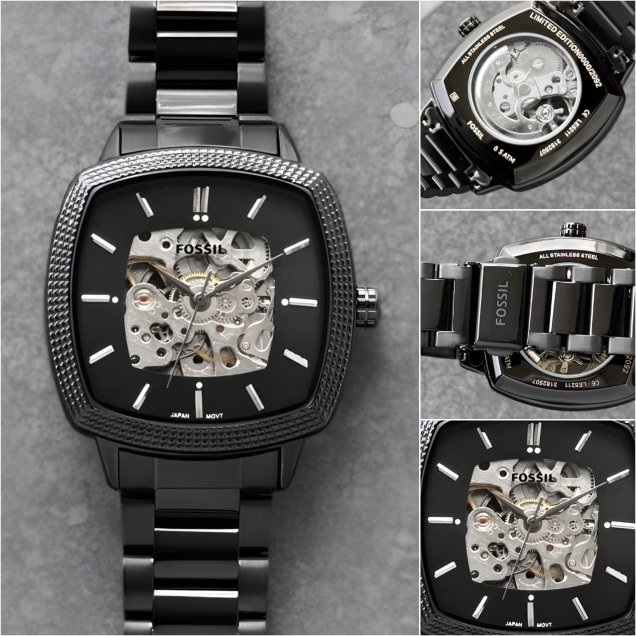 Fossil Black Square Dial Skeleton Automatic Watch