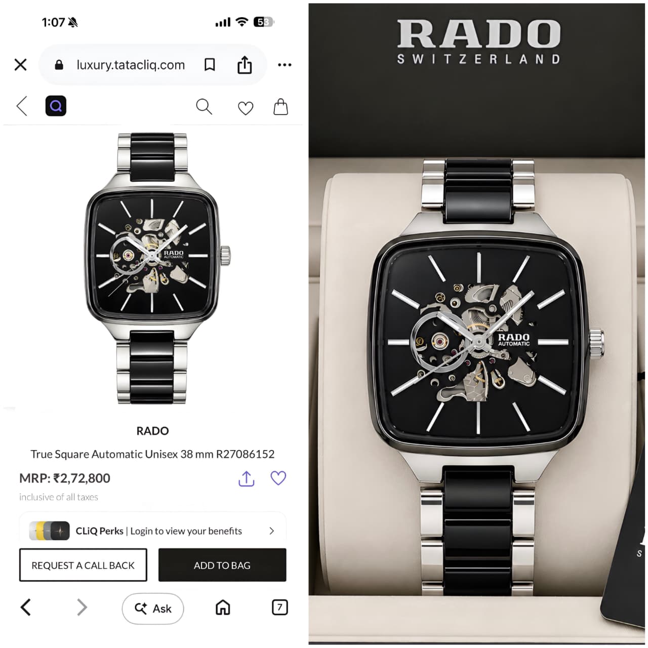 Rado Black & Silver Automatic Skeleton Watch