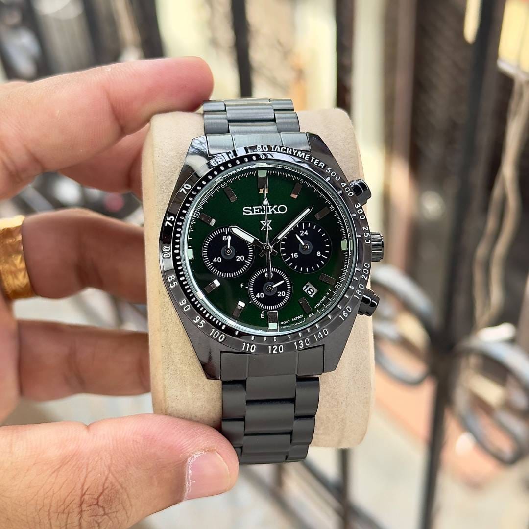 Seiko Green Dial Black Stainless Steel Chronograph Watch