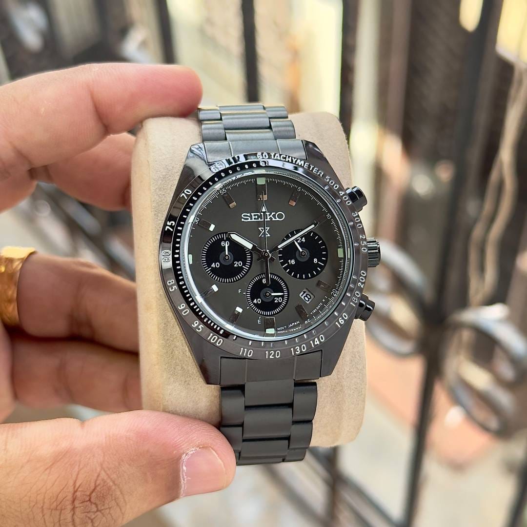Seiko Black Dial Black Stainless Steel Chronograph Watch
