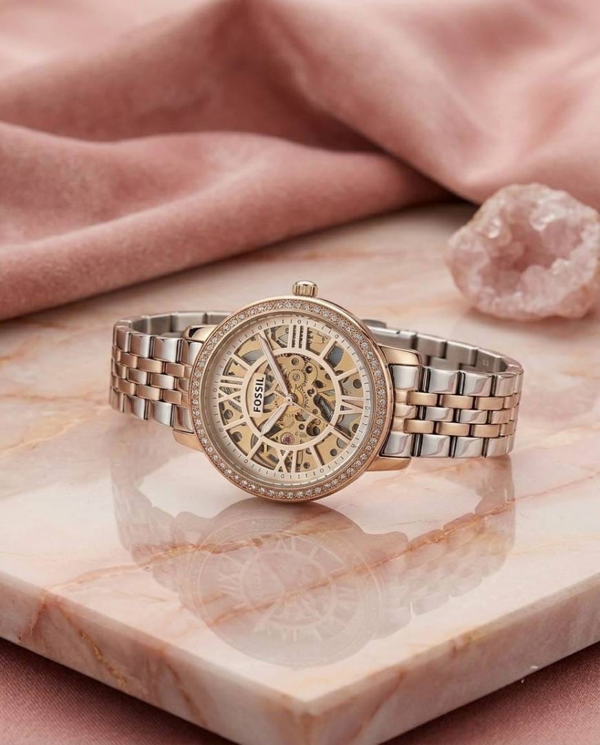 Fossil Rose Gold Silver Skeleton Automatic Watch