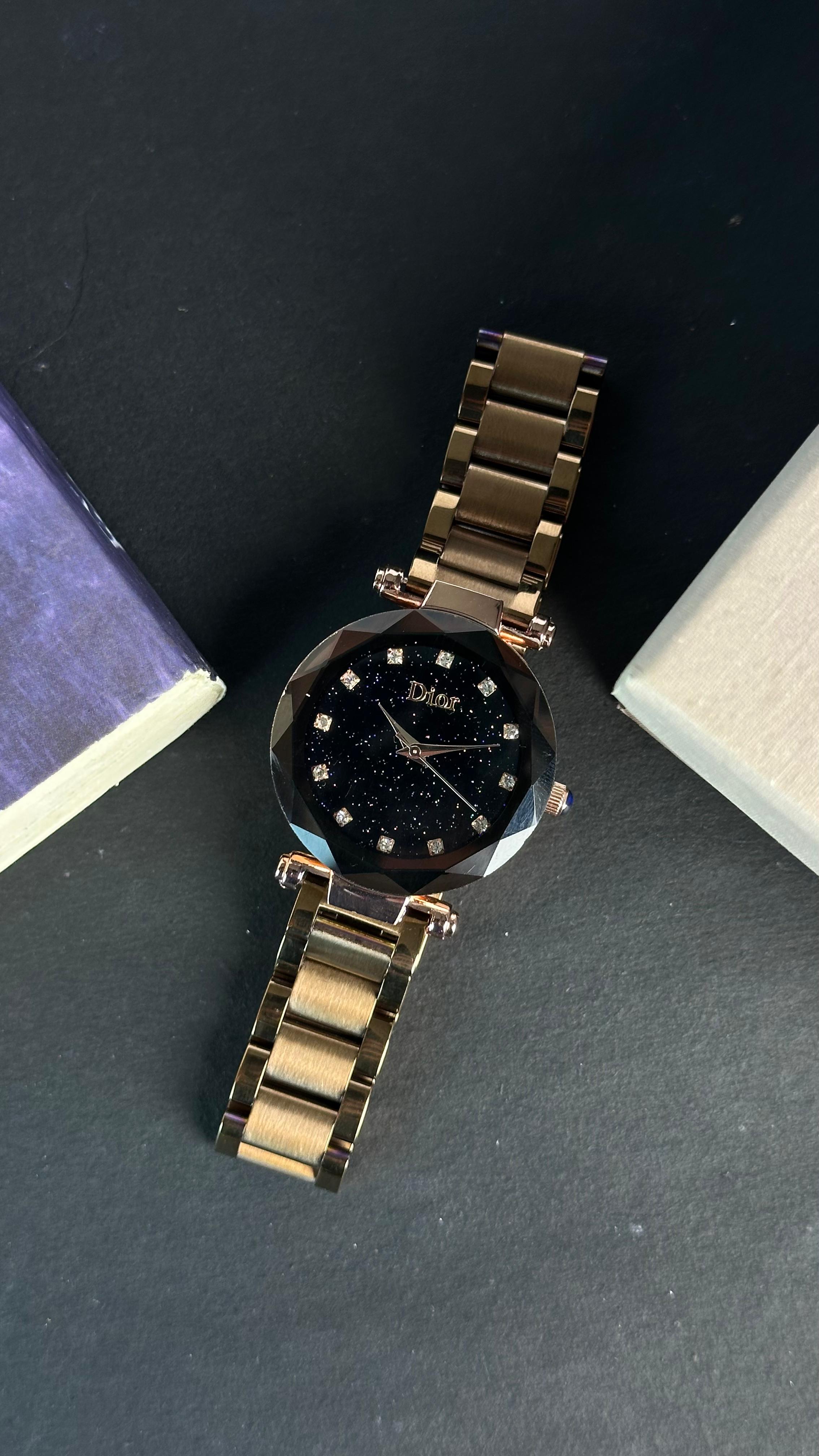 Women's Gold Glitter Black Dial Stainless Steel Watch