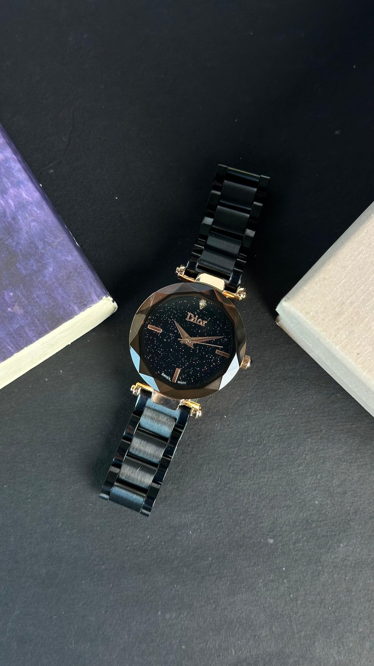 Women's Black Starry Dial Gold Stainless Steel Watch