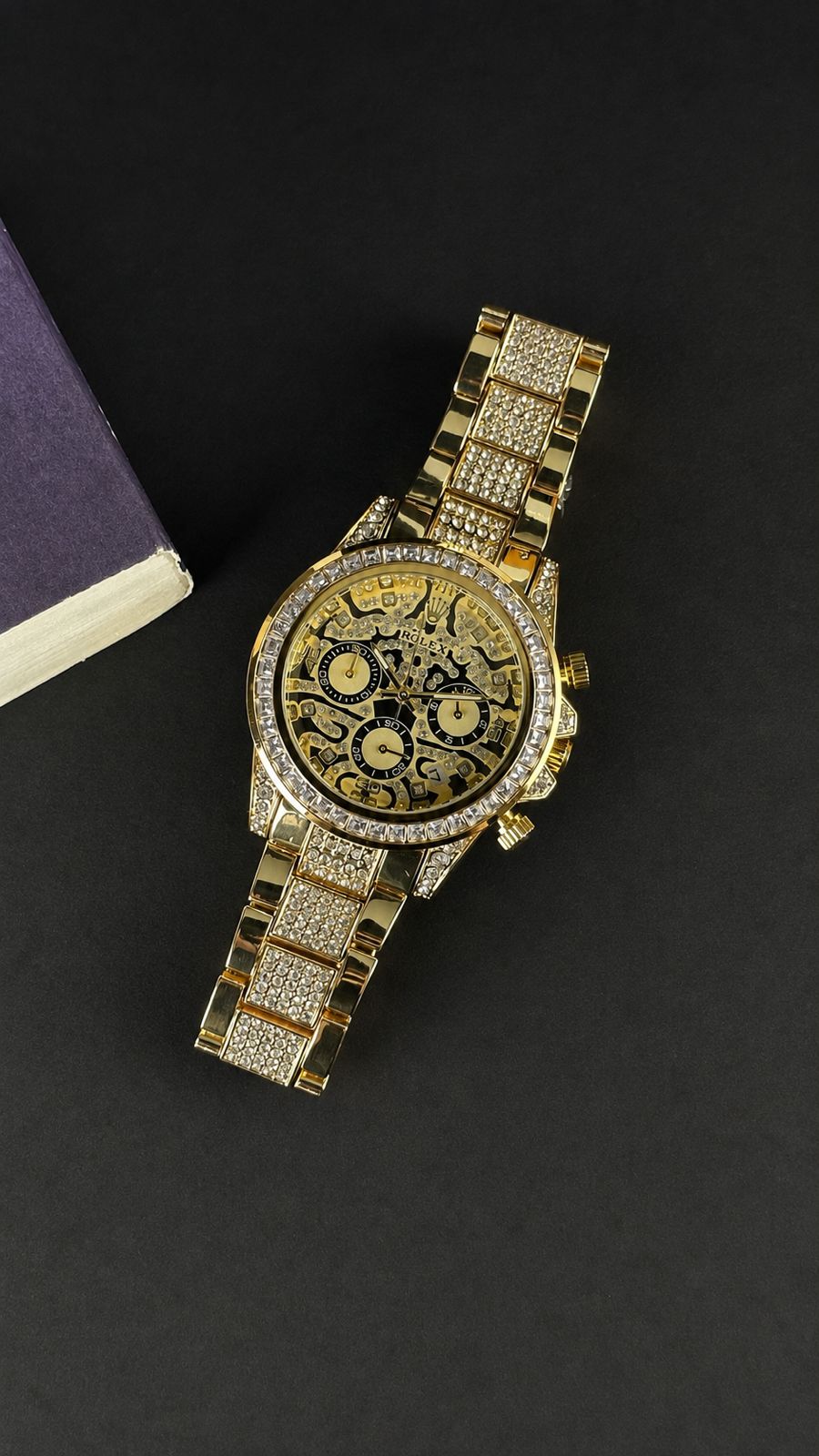 Rolex Gold-Tone Crystal Studded Skeleton Chronograph Watch
