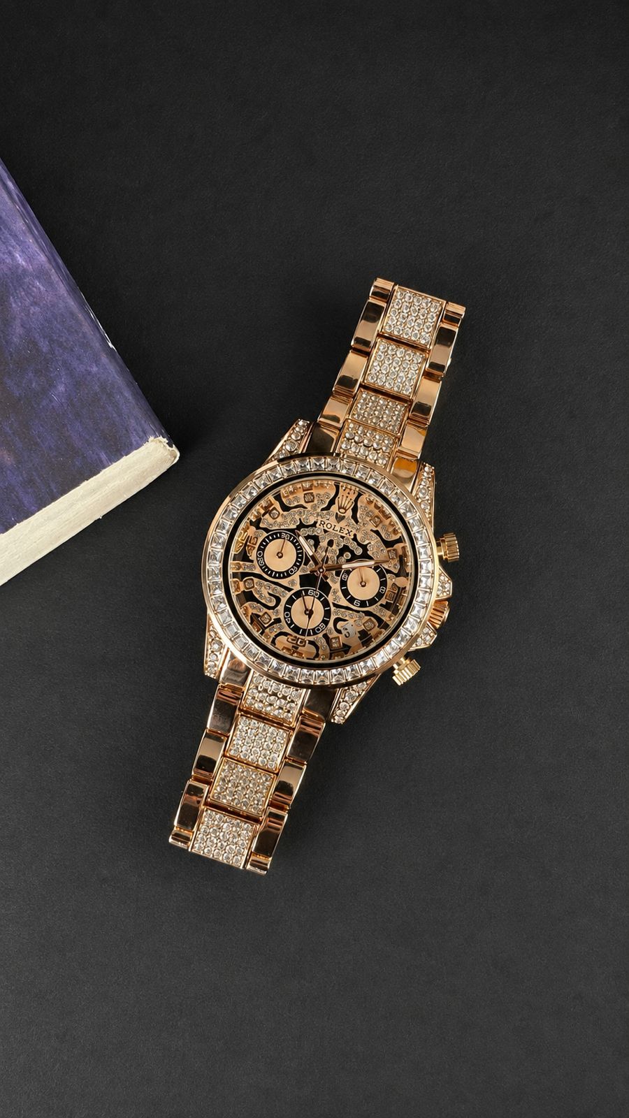 Rolex Rose Gold-Tone Crystal Studded Skeleton Chronograph Watch