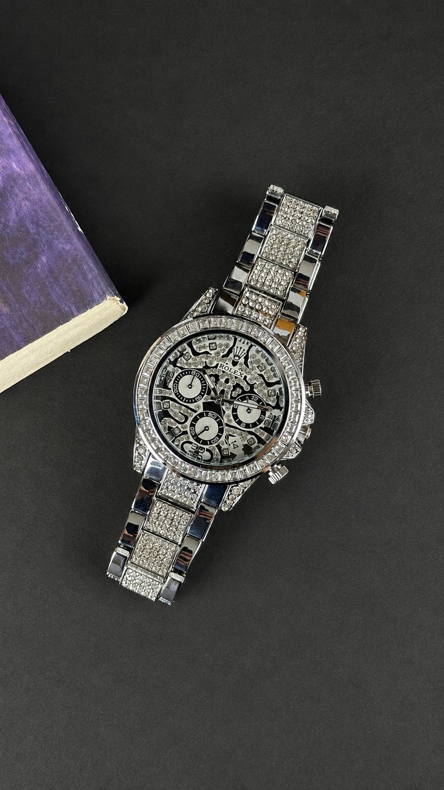 Rolex Silver-Tone Crystal Studded Skeleton Chronograph Watch