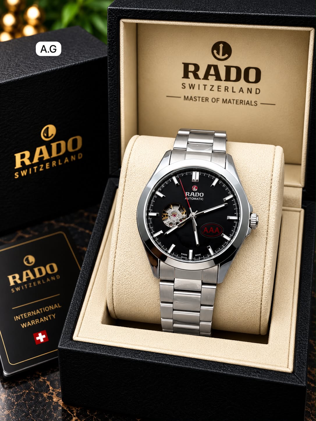 Rado Black Dial Silver Stainless Steel Automatic Open Heart Watch