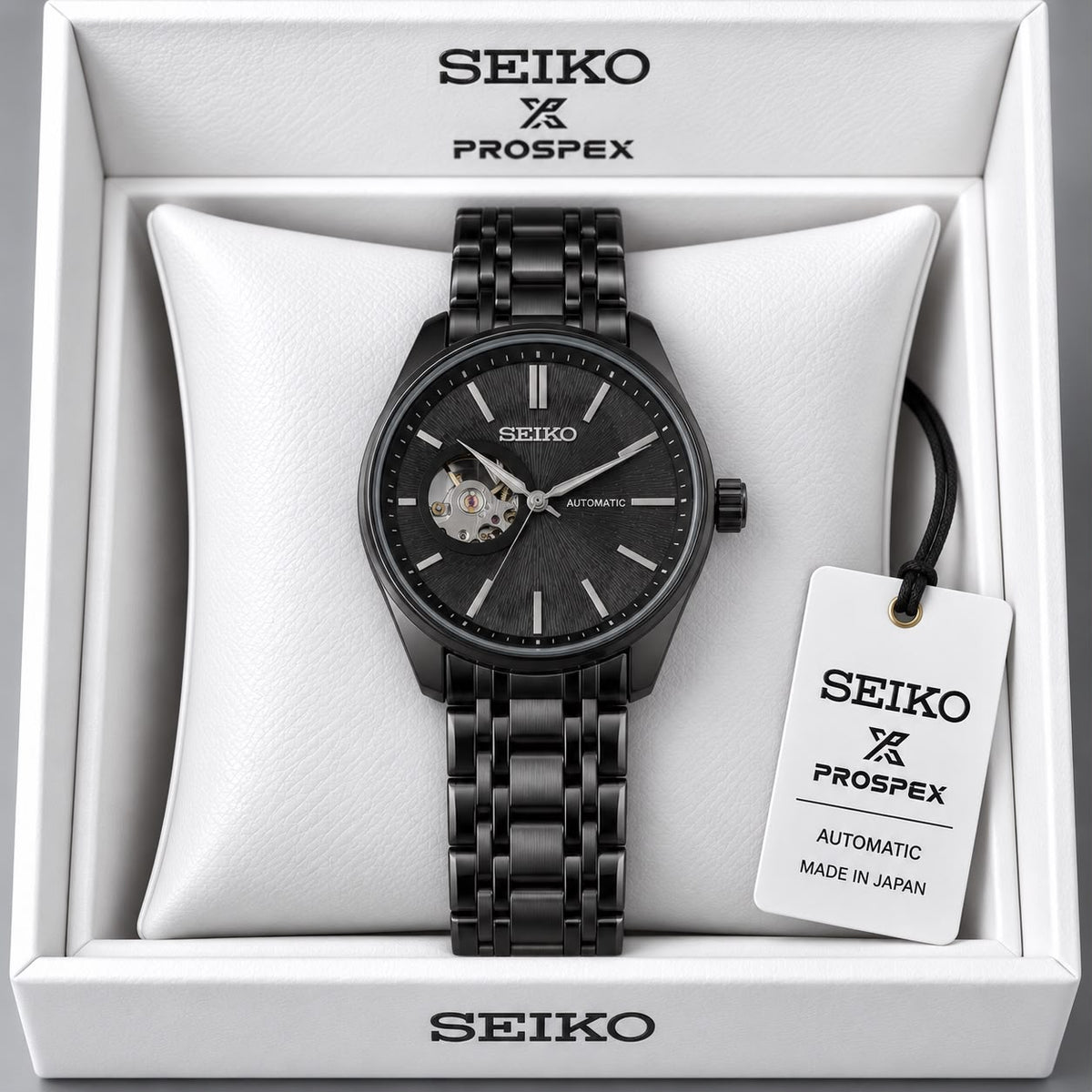 Seiko Black Dial Black Stainless Steel Automatic Open Heart Watch