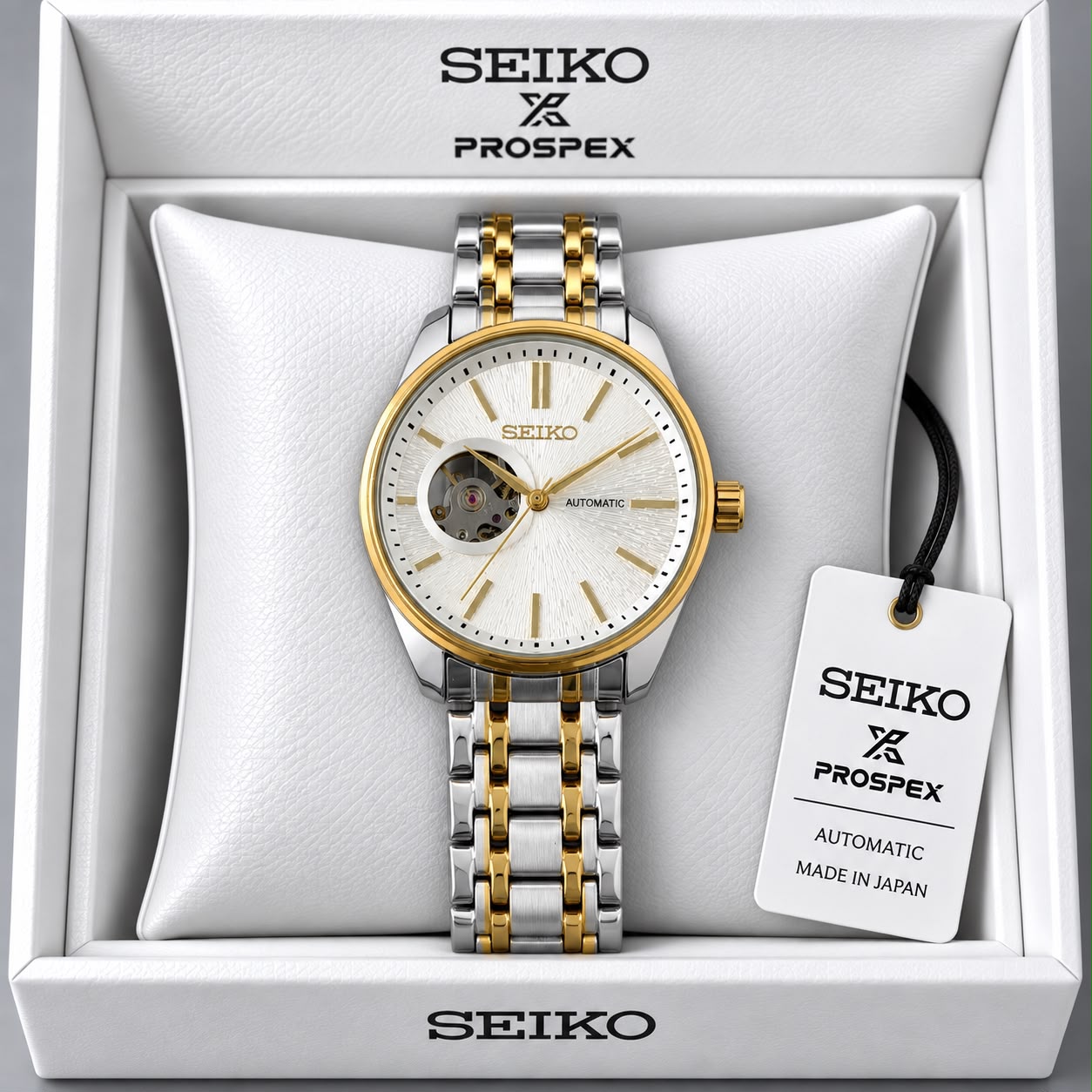 Seiko White Dial Two-Tone Stainless Steel Automatic Open Heart Watch