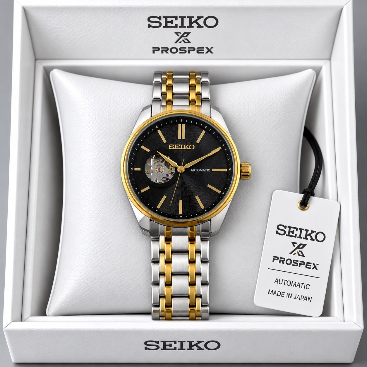 Seiko Black Dial Two-Tone Stainless Steel Automatic Open Heart Watch