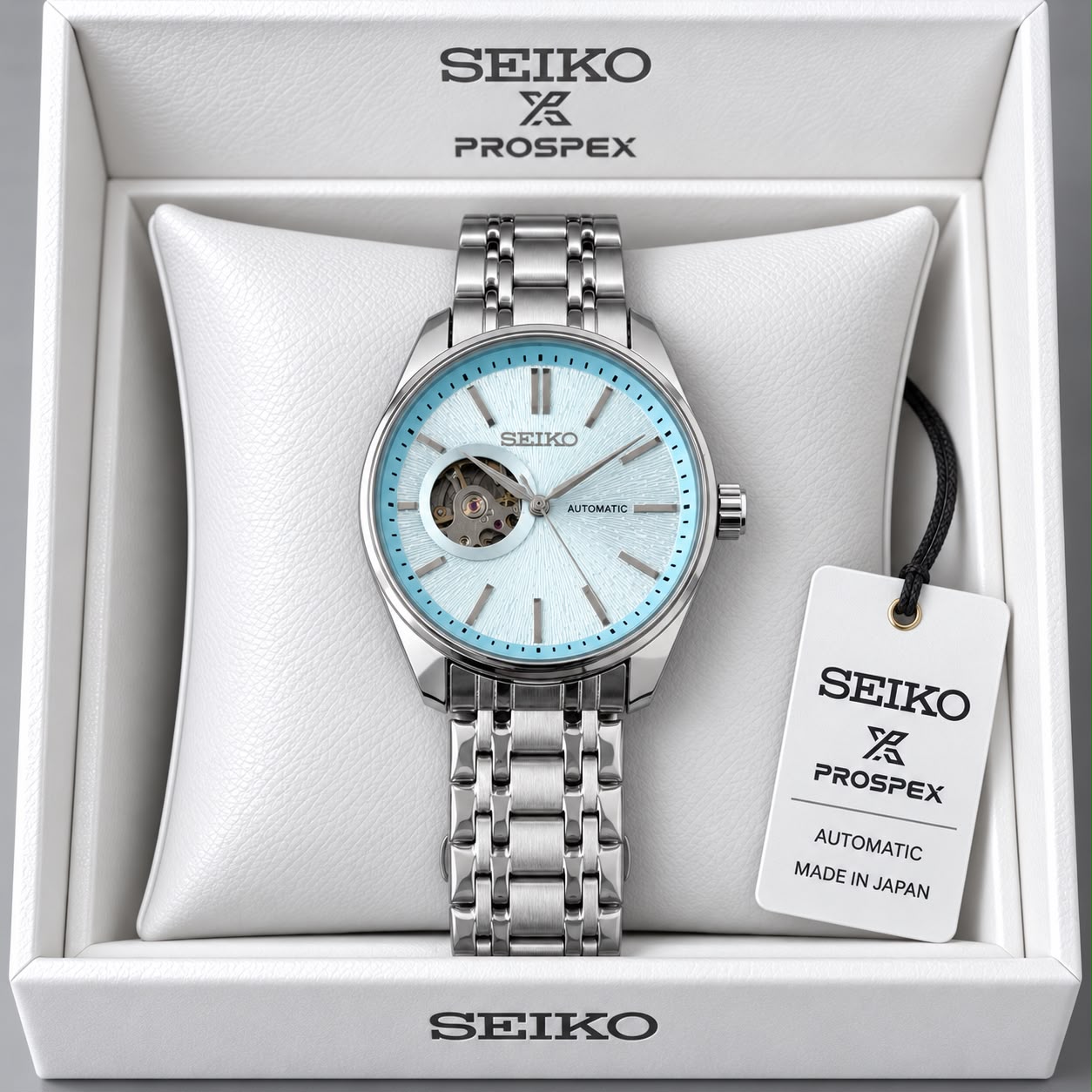 Seiko Light Blue Dial Stainless Steel Automatic Open Heart Watch