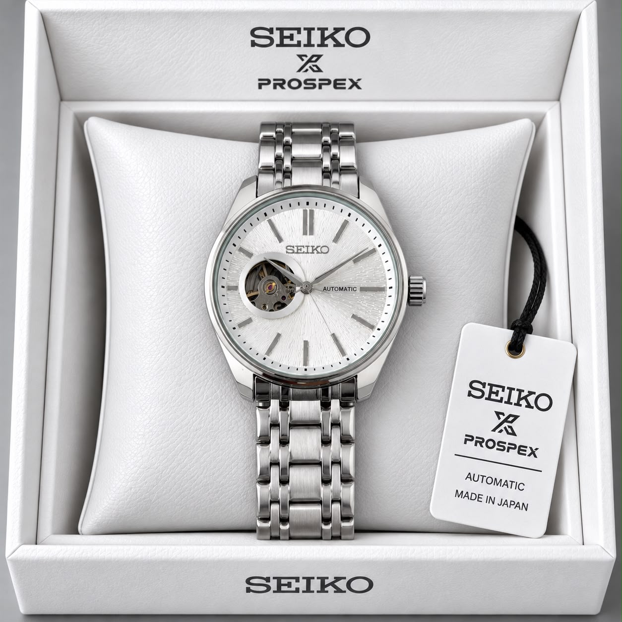 Seiko White Dial Stainless Steel Automatic Open Heart Watch