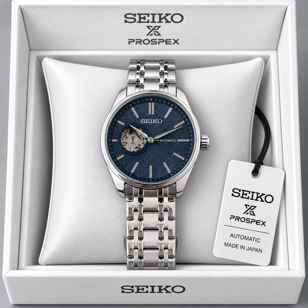 Seiko Blue Dial Stainless Steel Automatic Open Heart Watch
