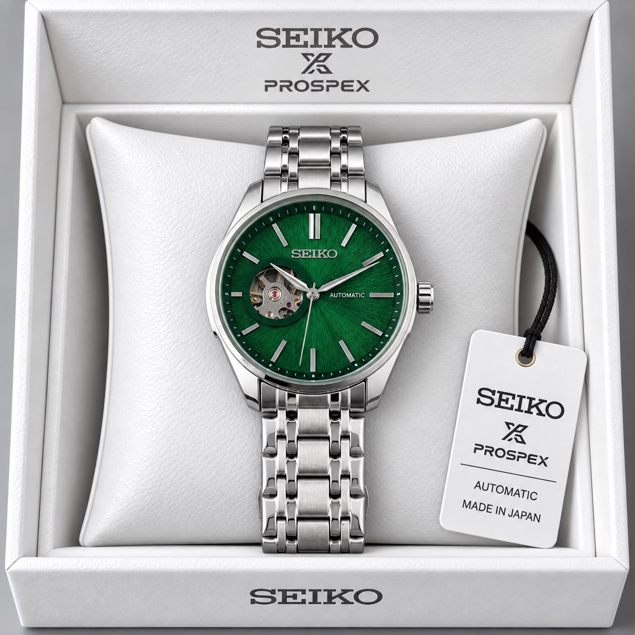 Seiko Green Dial Stainless Steel Automatic Open Heart Watch