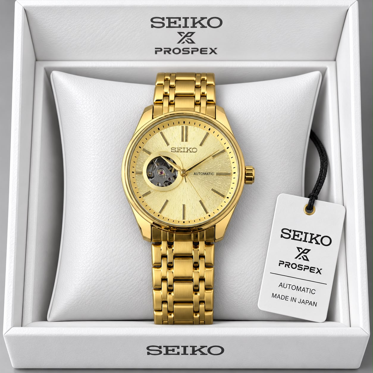 Men's Golden Champagne Dial Stainless Steel Automatic Open Heart Watch