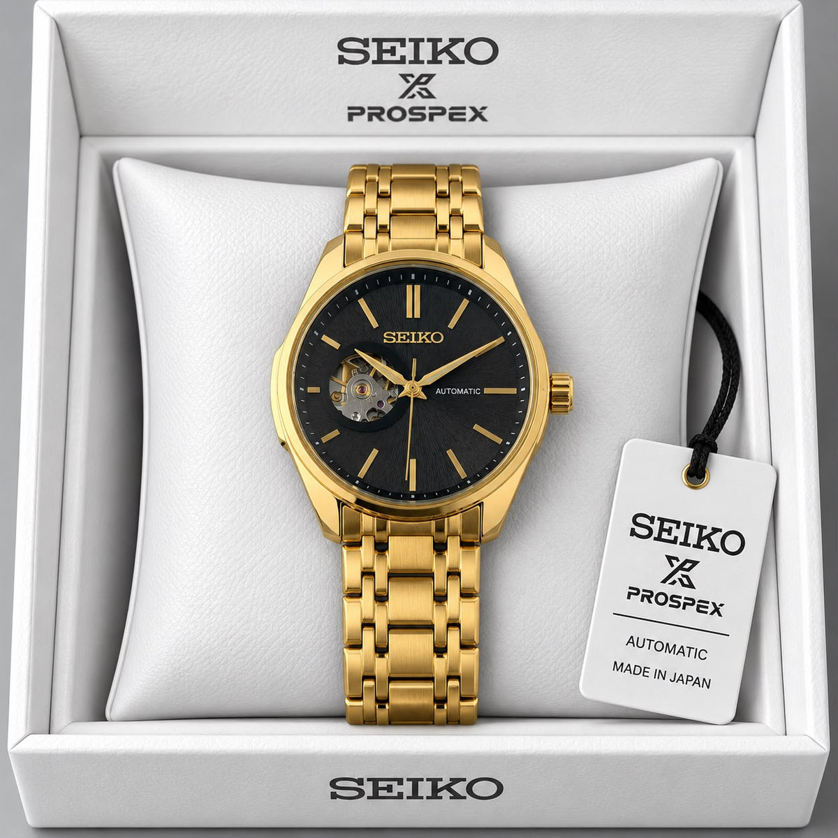 Men's Black Dial Golden Champagne Dial Stainless Steel Automatic Open Heart Watch