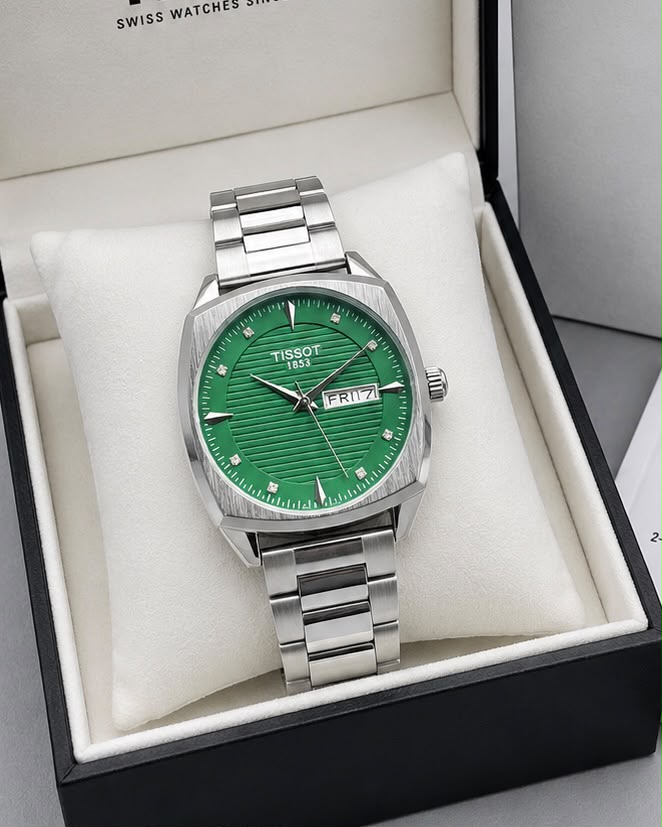 Tissot PRX Green Dial Day-Date Silver Tone Luxury Swiss Watch