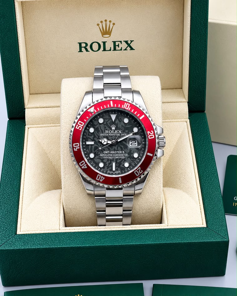 Rolex Submariner Black Dial Red Bezel Silver Watch