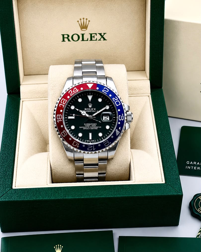 Rolex Submariner Black Dial Blue & Red Bezel Silver Watch