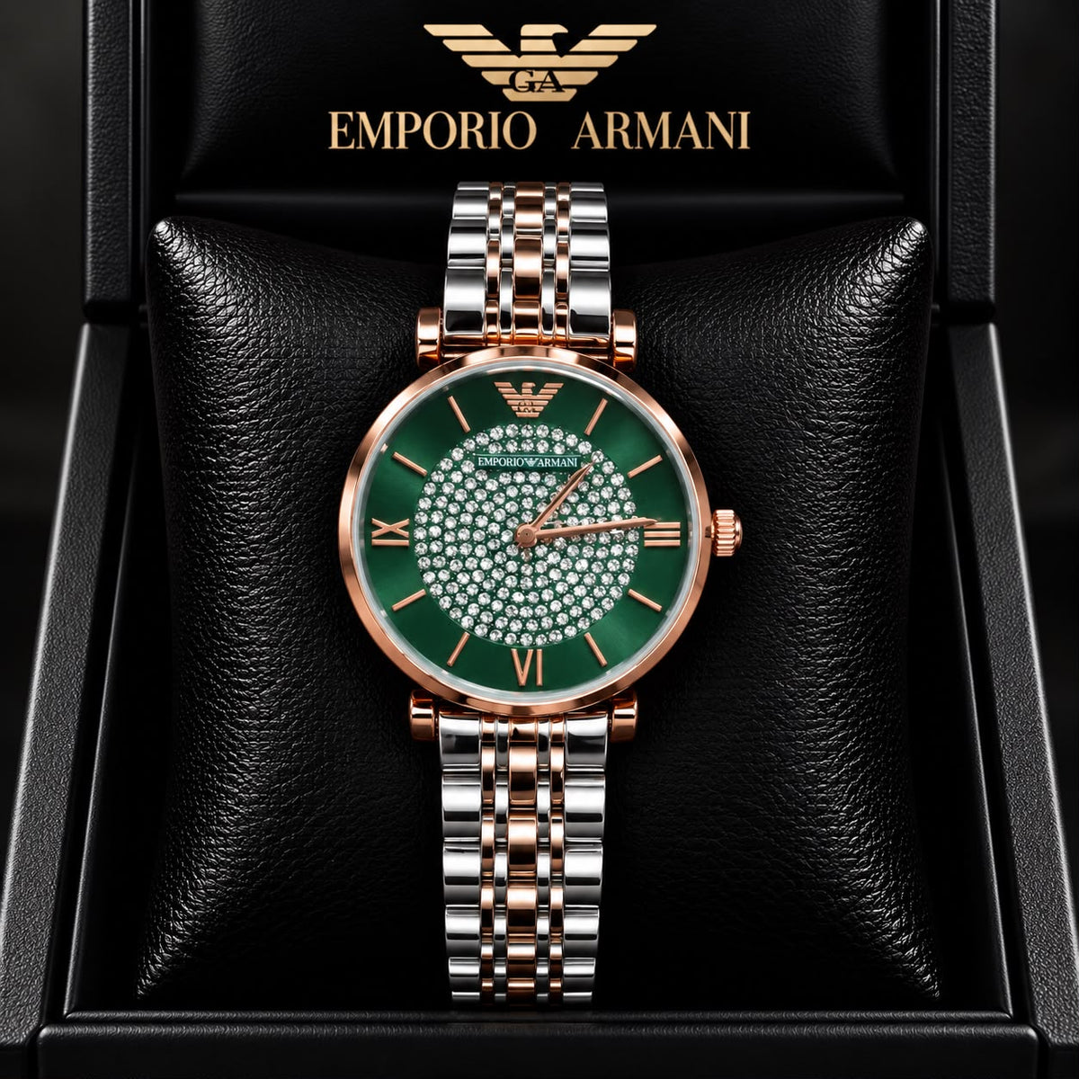 Emporio Armani Green Dial Crystal-Studded Two-Tone Watch