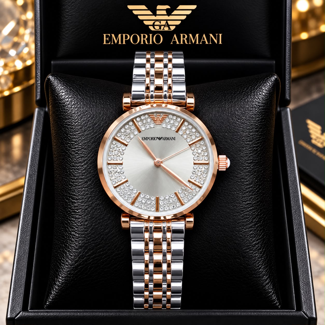 Emporio Armani White Dial Diamond-Studded Two-Tone Watch