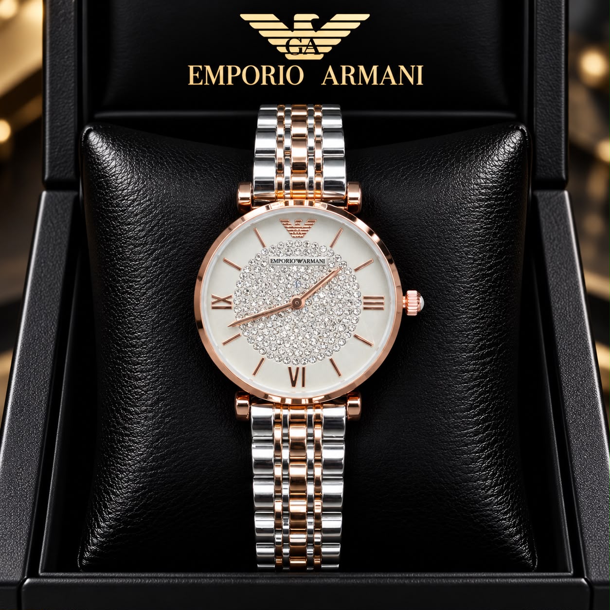 Emporio Armani Gray Dial Crystal-Studded Two-Tone Watch