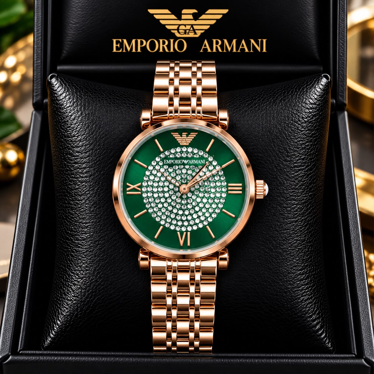 Emporio Armani Women’s Green Dial Crystal-Studded Rose Gold Watch